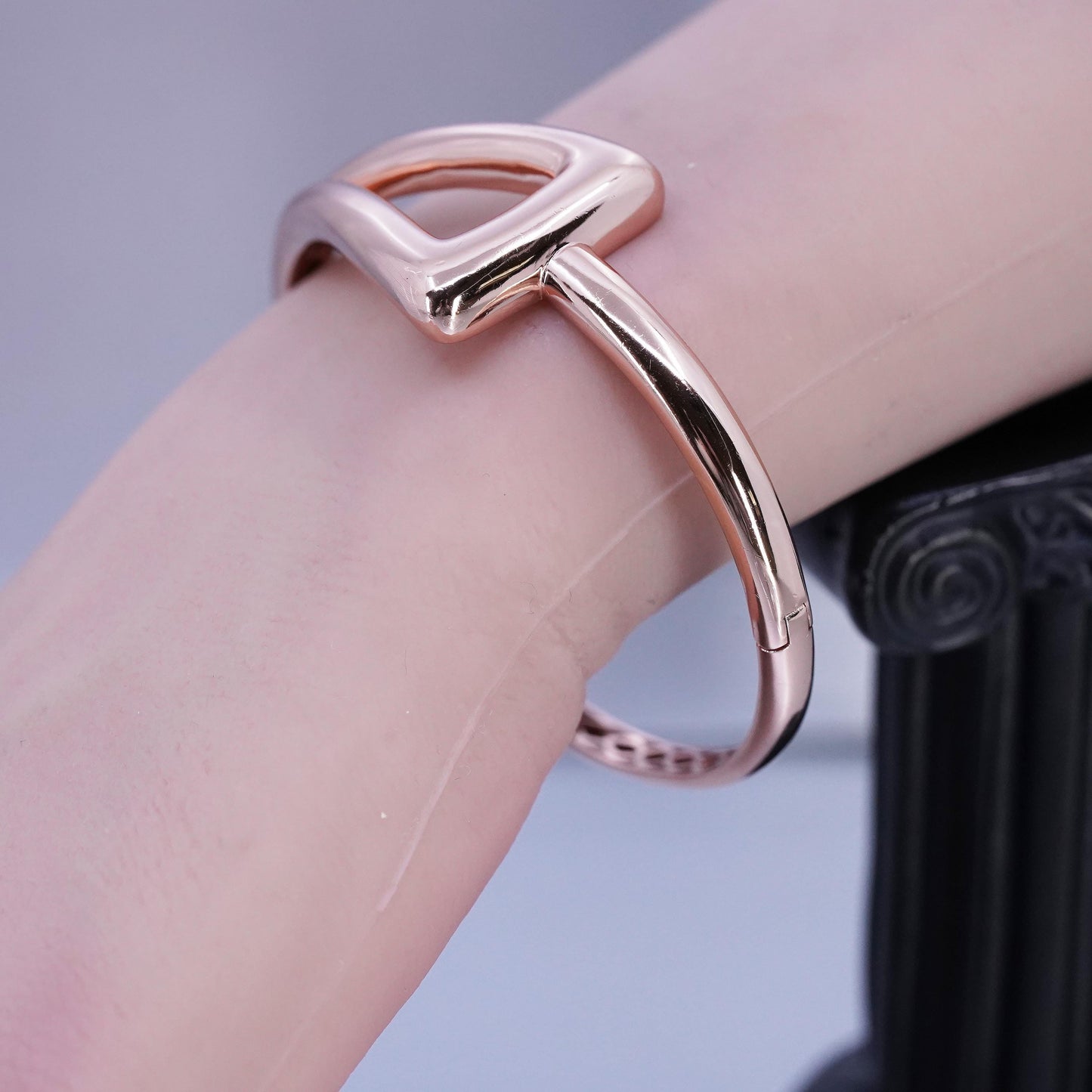 7”, vermeil rose gold Sterling 925 silver bracelet, triangular hinged bangle