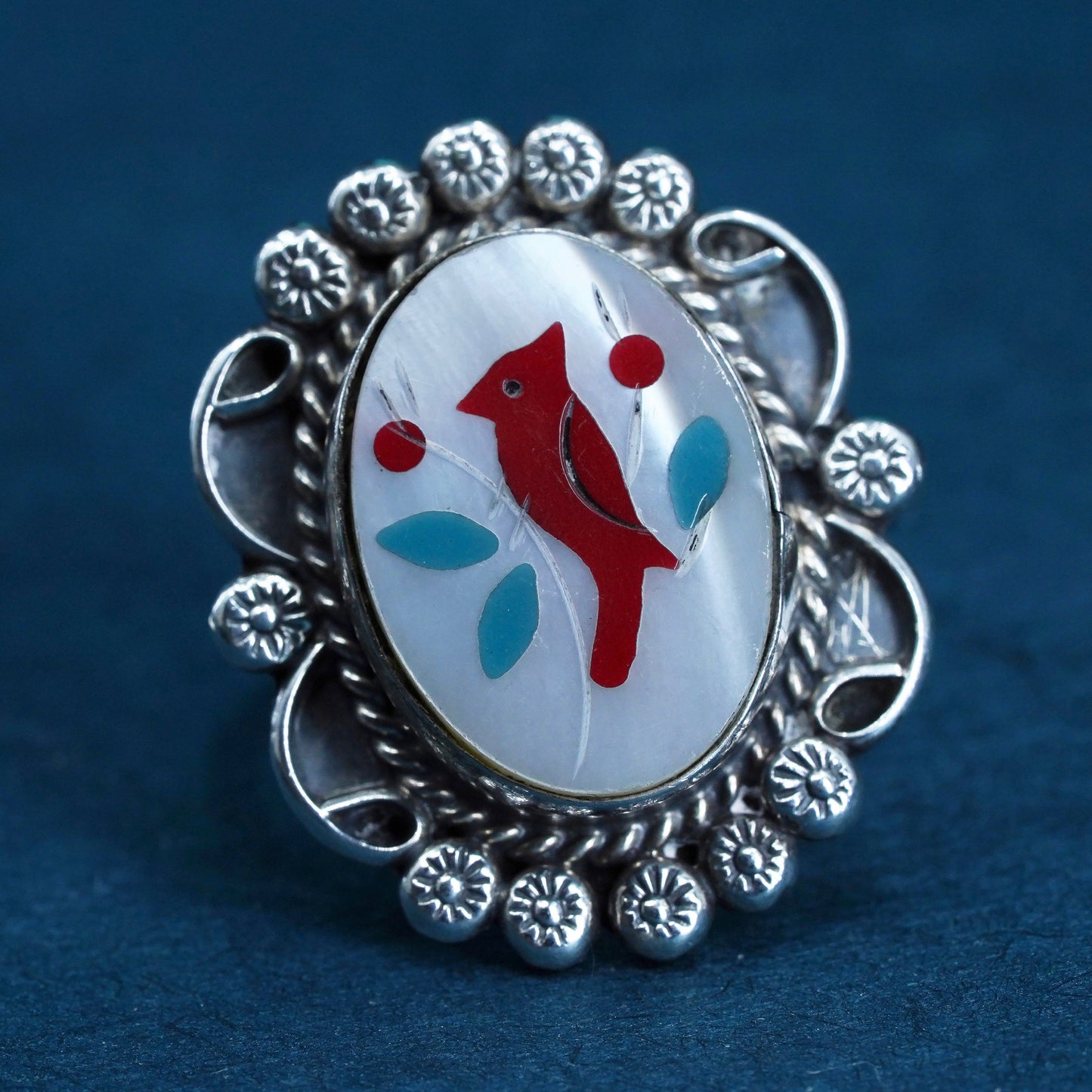 Size 10, southwestern Sterling 925 silver ring band carved MOP and red bird