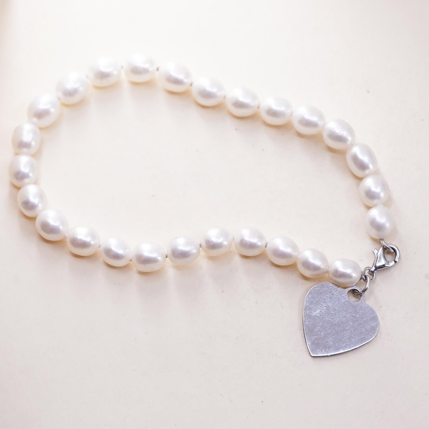 7.5”, VTG sterling silver bracelet, pearl beads 925 heart charm “I am loved”