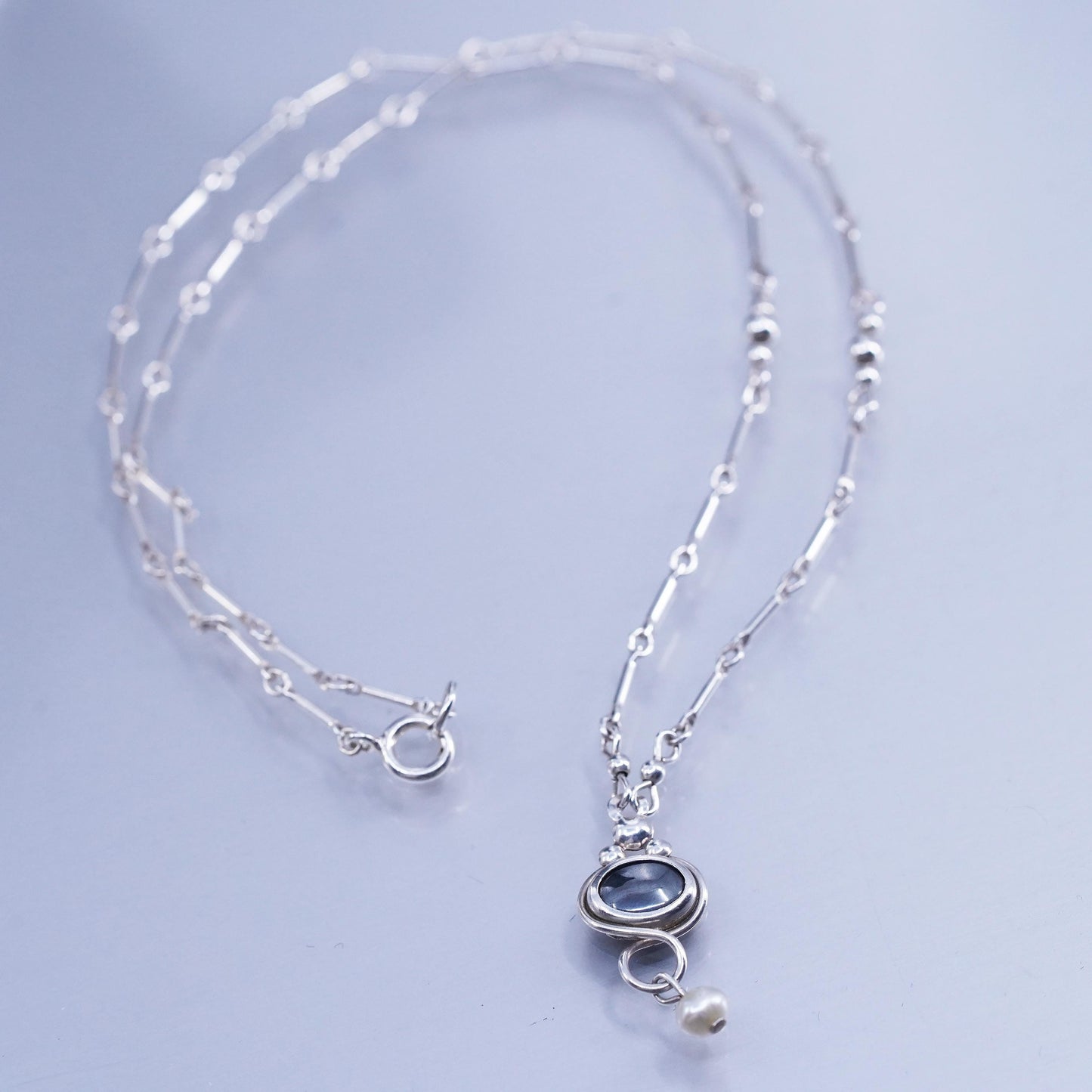 16”, Vintage Sterling 925 silver handmade bar chain necklace hematite pendant