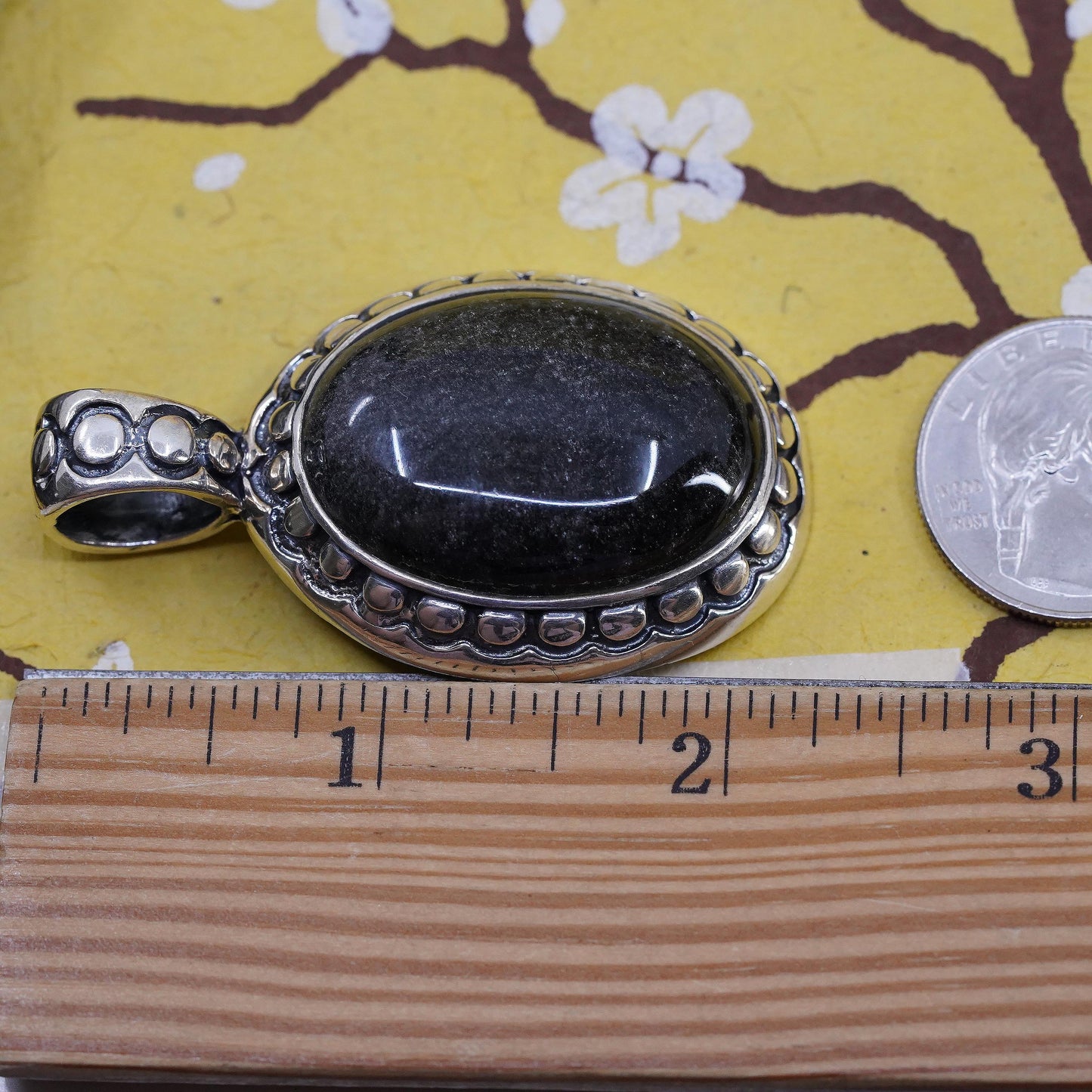Vintage Mexico 925 Sterling Silver Black Pendant, Oval Cabochon Statement Charm