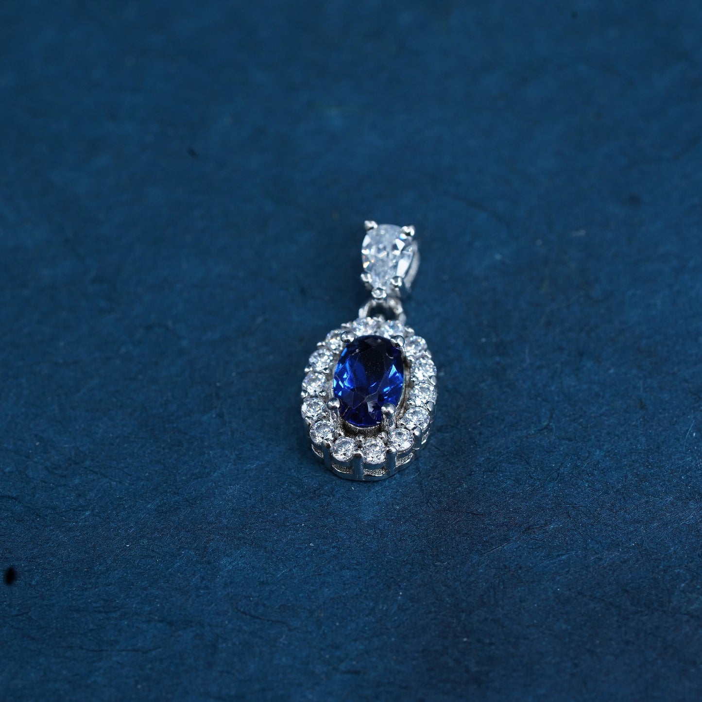 Vintage sterling 925 silver handmade pendant with sapphire and cz