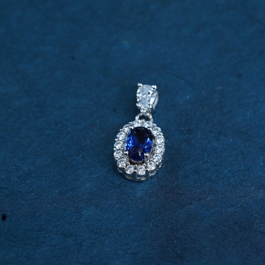Vintage sterling 925 silver handmade pendant with sapphire and cz
