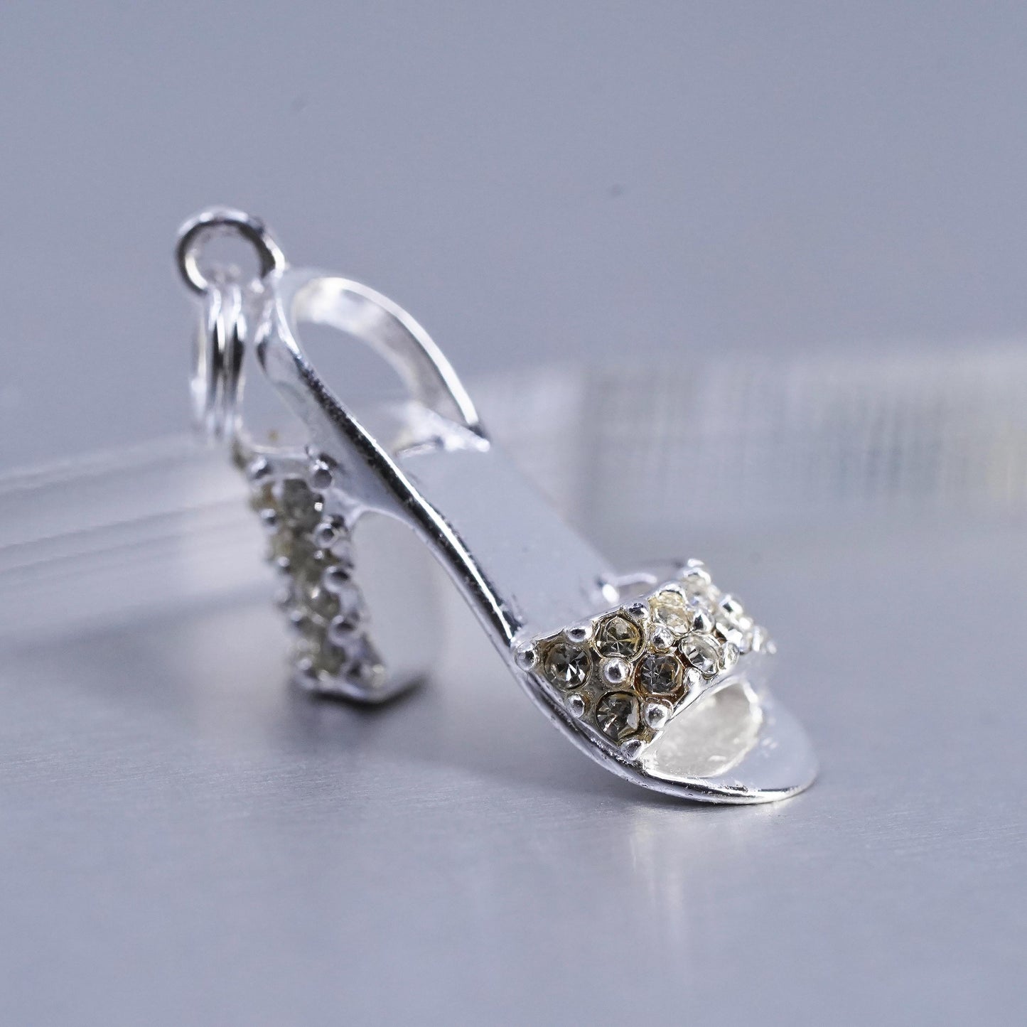 Vintage sterling 925 silver handmade high hill, sandal pendant charm with Cz