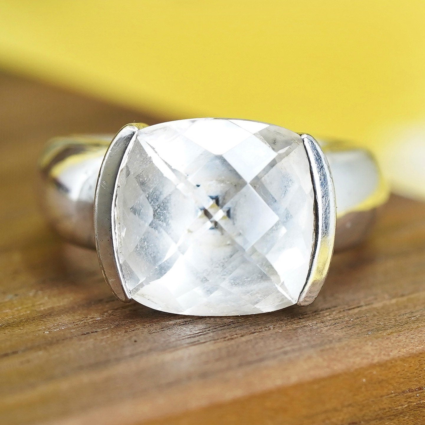 Size 7, Sterling silver 925 handmade ring checker cut crystal, cocktail ring