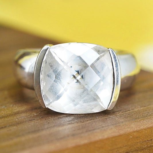 Size 7, Sterling silver 925 handmade ring checker cut crystal, cocktail ring