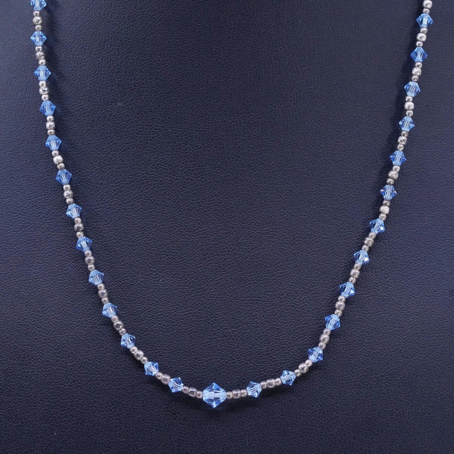 18", Vintage Sterling handmade necklace, 925 Silver beads W/ blue Crystal Beads