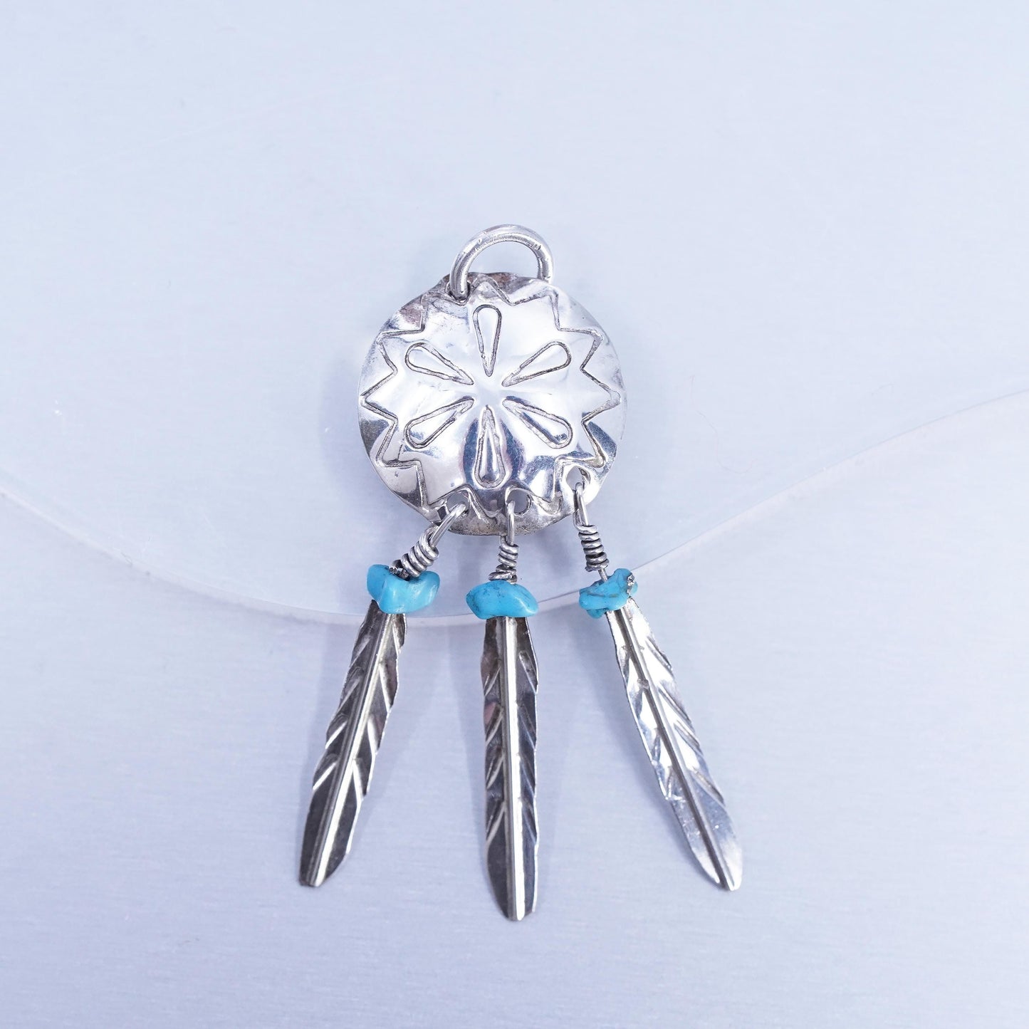 Native American sterling 925 silver circle pendant feather dangles turquoise