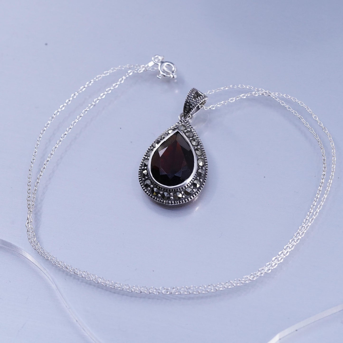18”, Sterling 925 silver circle necklace garnet marcasite teardrop pendant