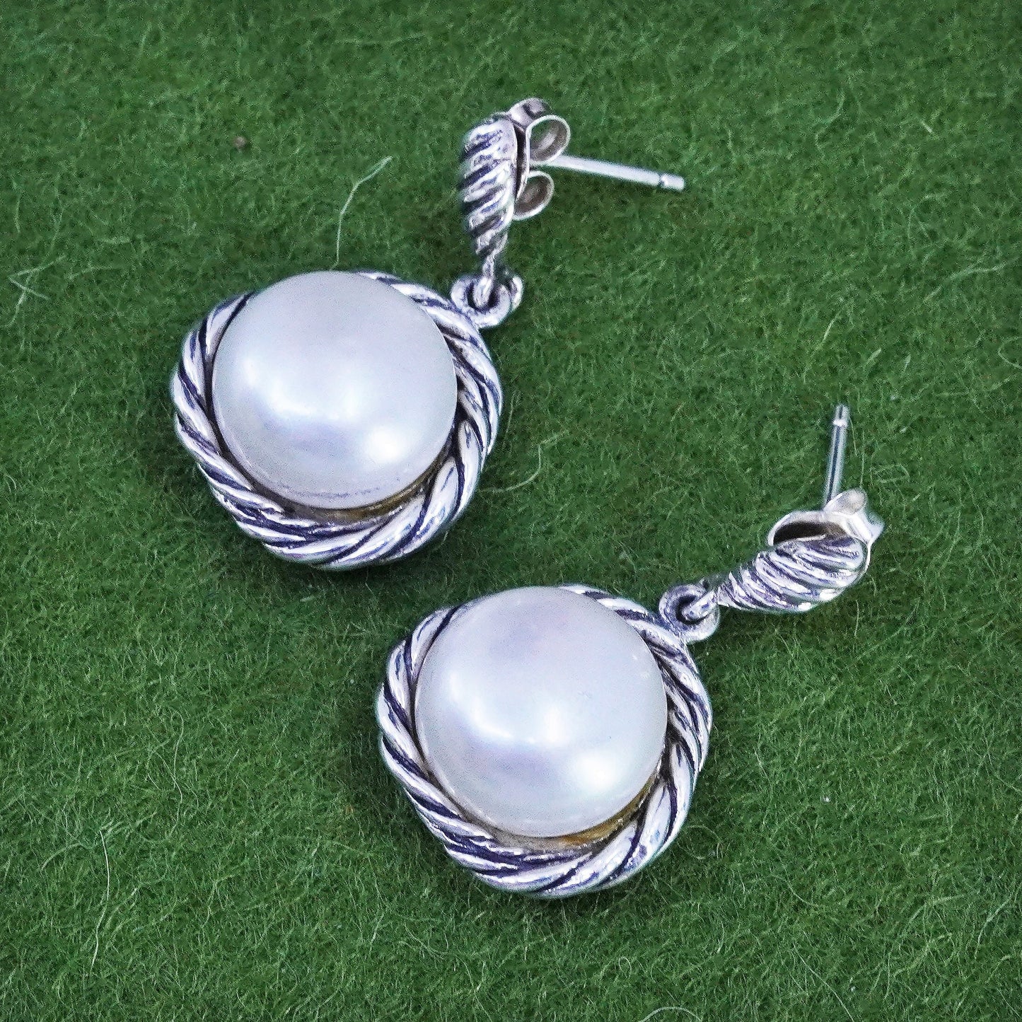 Vintage CFJ sterling 925 silver handmade earrings with pearl dangles