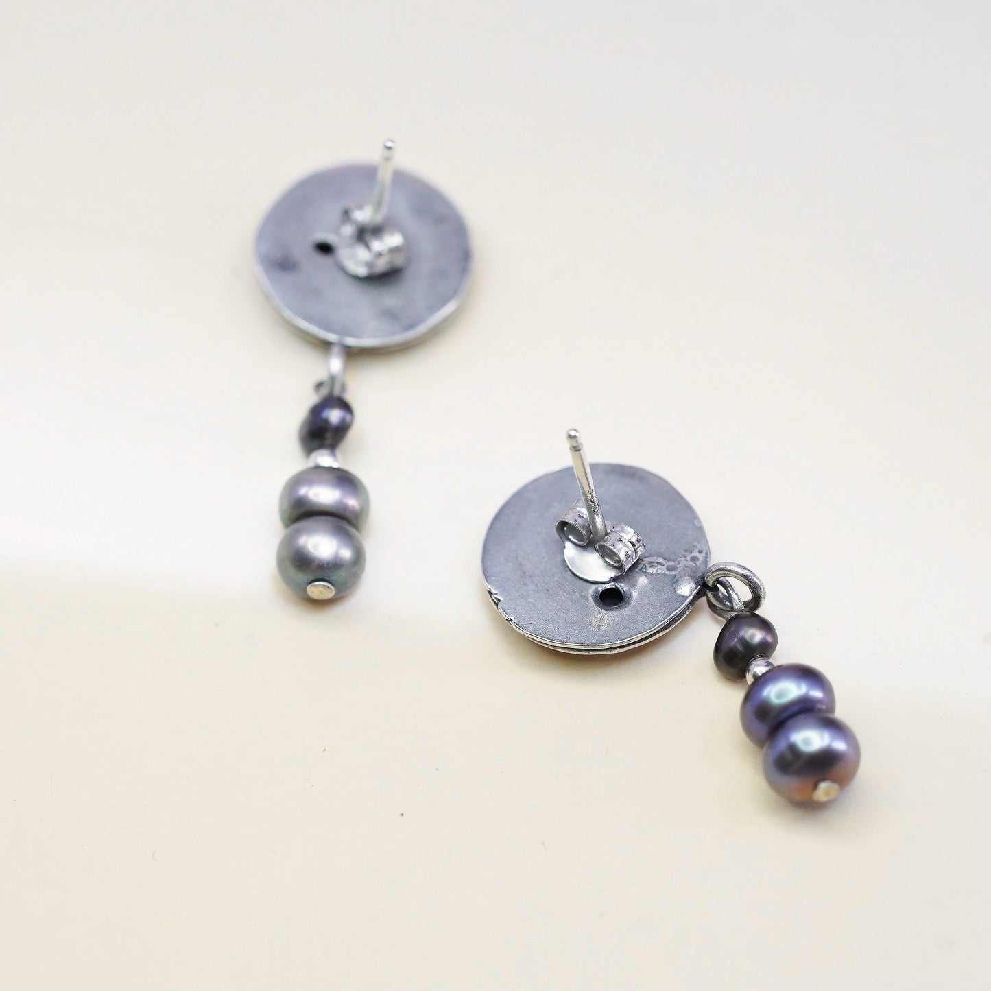 Vintage 925 Sterling Silver Black Freshwater Pearl Earrings, Geometric Studs