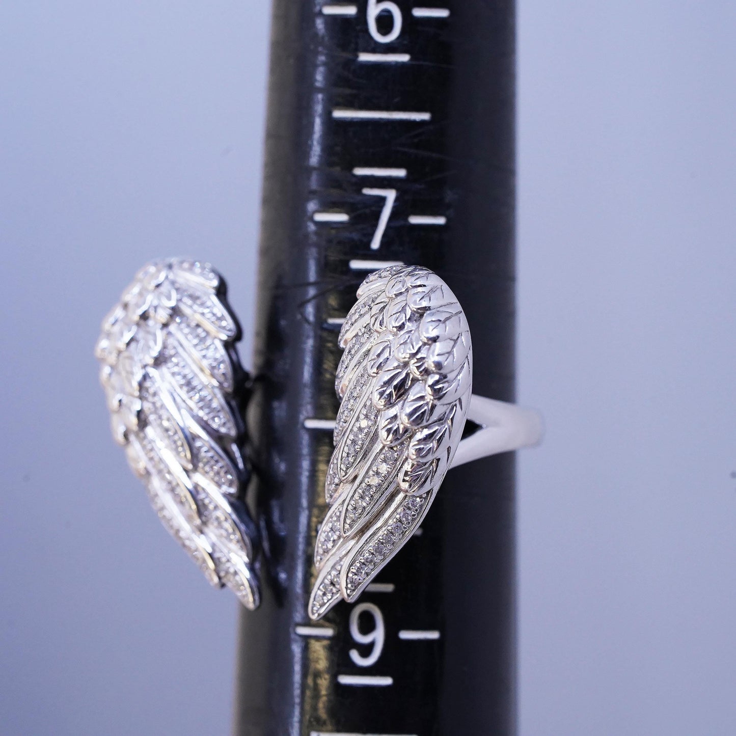 Size adjustable VTG EA sterling 925 silver angel wings ring cluster diamonds