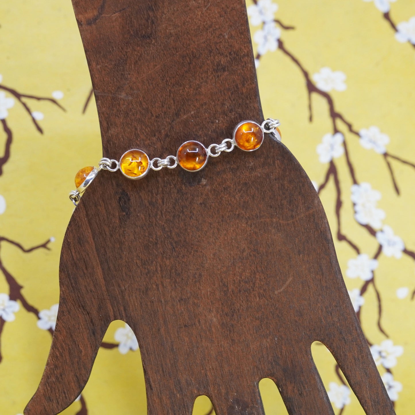 7.25”, vintage Sterling 925 silver handmade bracelet with amber inlay