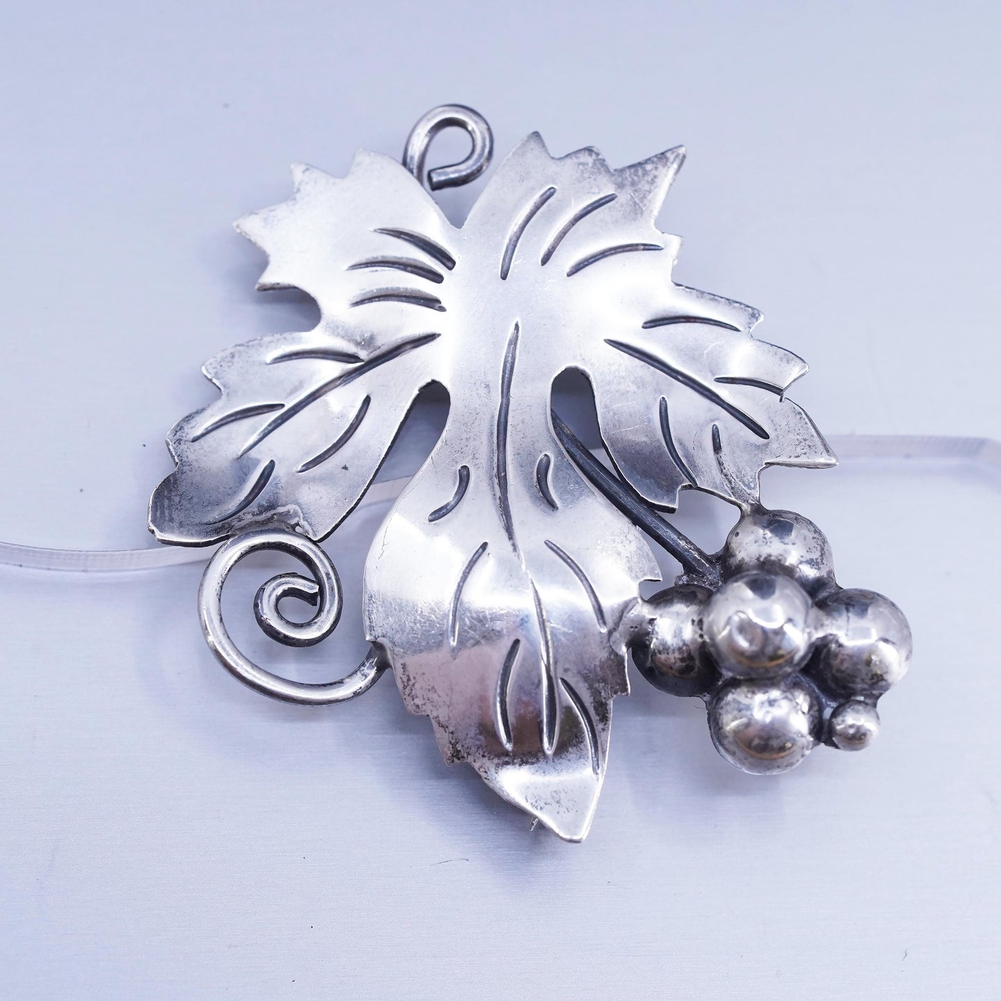 Vintage Mexican sterling silver handmade brooch, 925 grape leaf pin