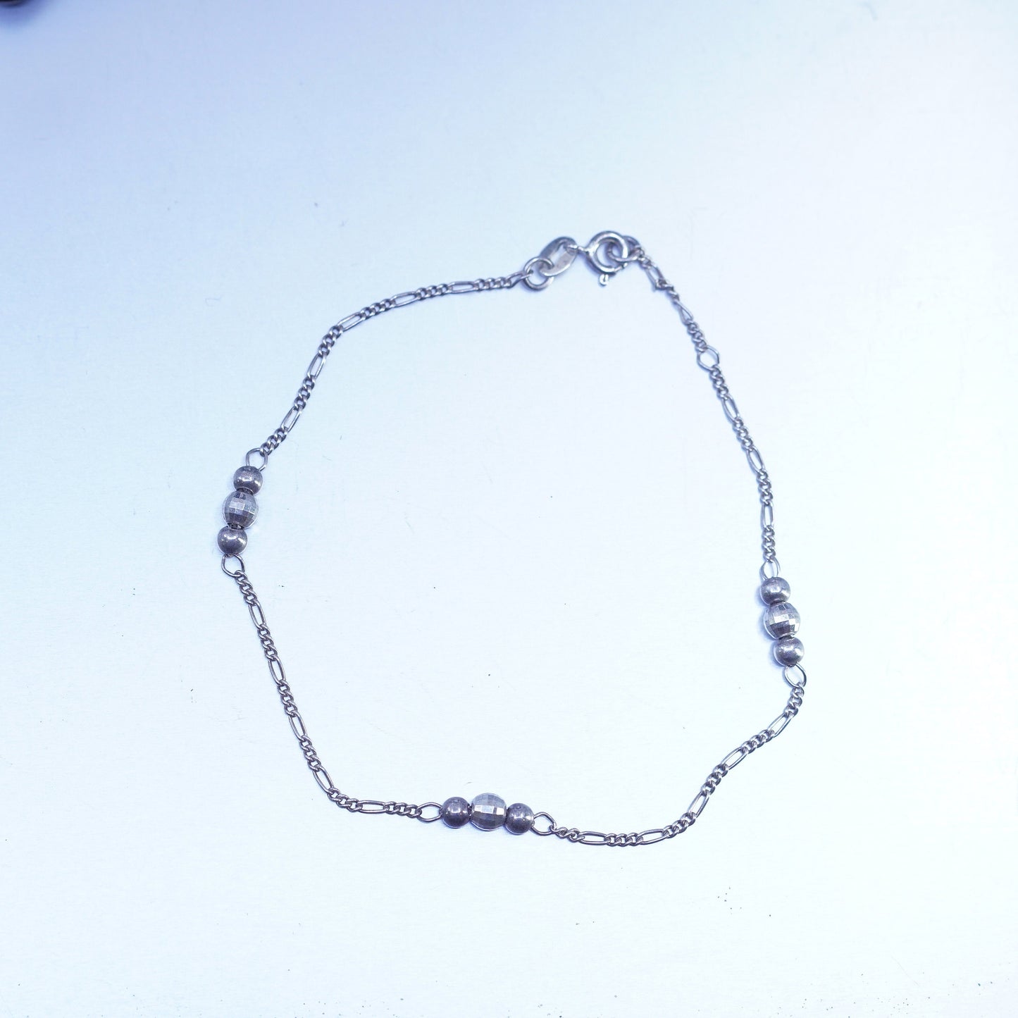 9.75”, vintage Sterling 925 silver figaro bracelet anklet with beads