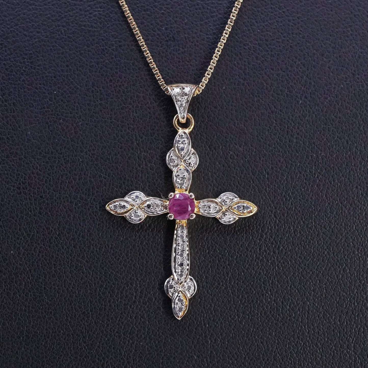 18", vermeil gold sterling 925 silver box necklace ruby diamonds cross pendant
