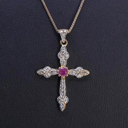 18", vermeil gold sterling 925 silver box necklace ruby diamonds cross pendant