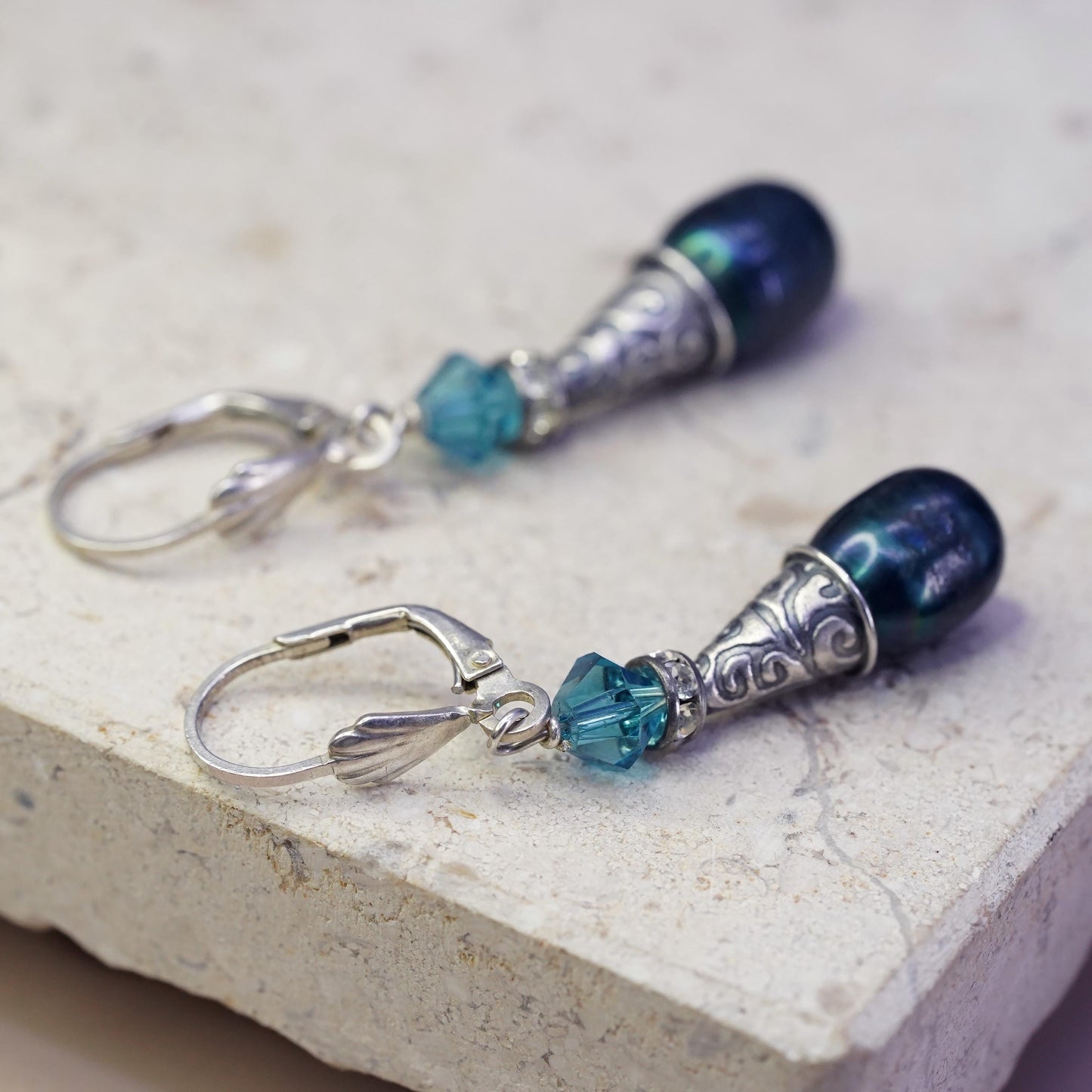 Vintage antique Sterling 925 silver handmade earrings with teardrop black pearl