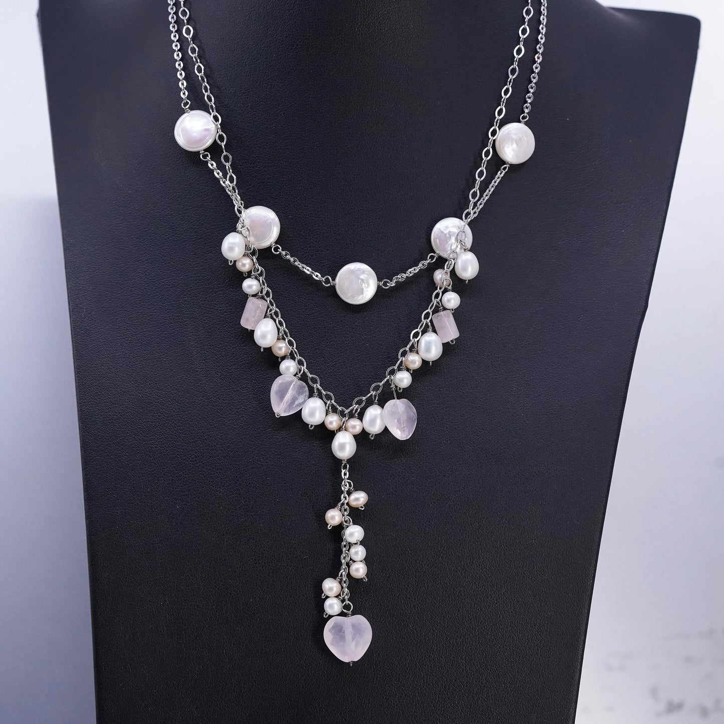14+2” double strands Sterling 935 silver necklace cluster pearl quartz pendant