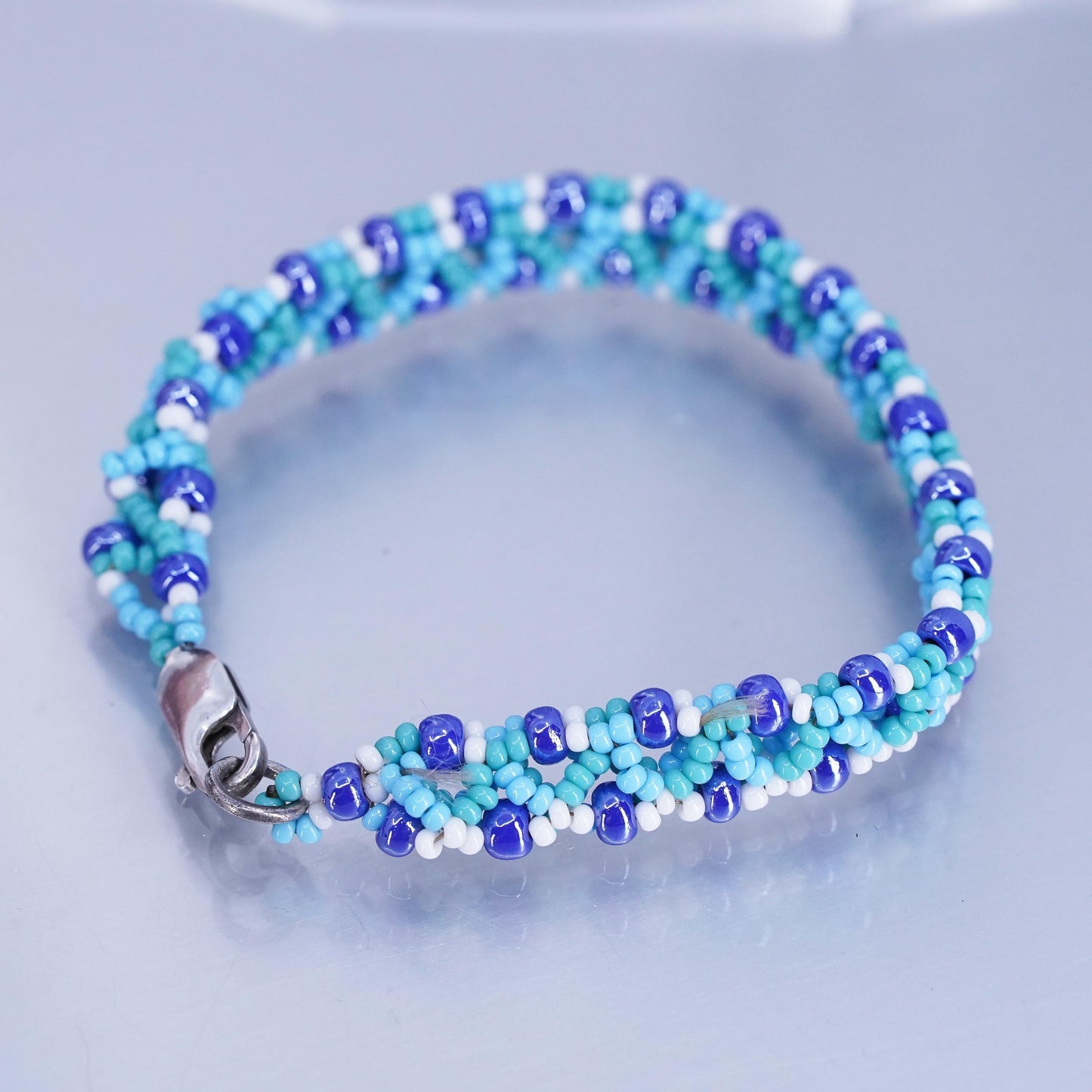 6.5”, vintage Sterling 925 silver bracelet with cluster blue crystal beads