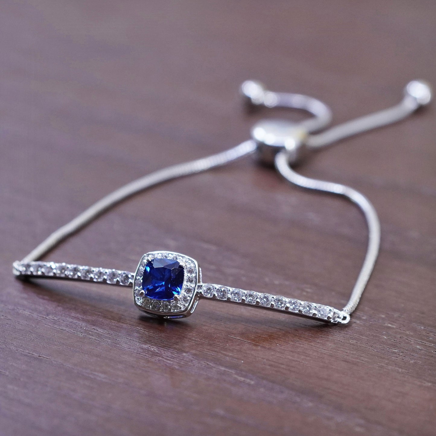 vintage Sterling silver handmade bracelet, 925 snake link chain w/ sapphire bar