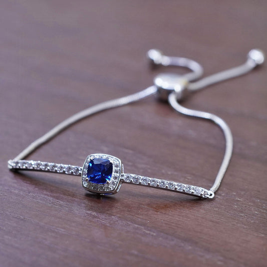 vintage Sterling silver handmade bracelet, 925 snake link chain w/ sapphire bar