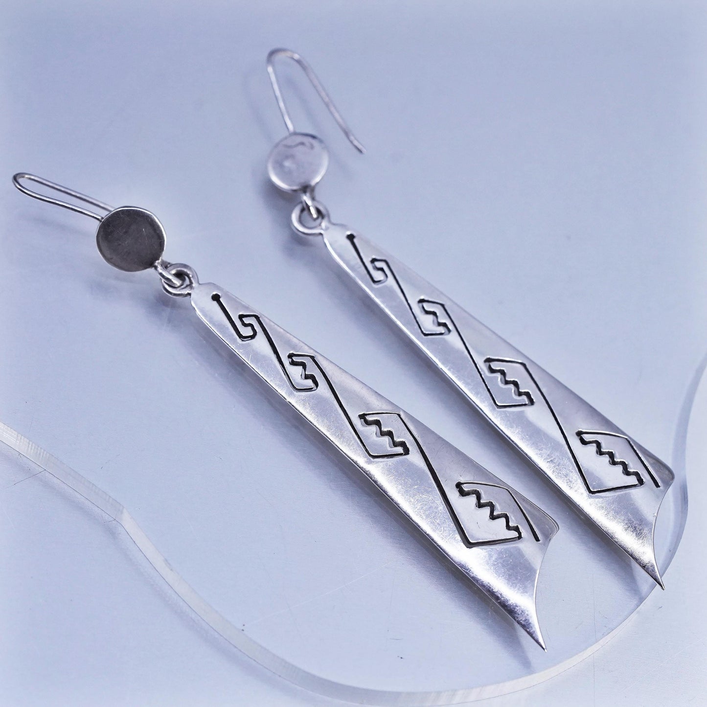 Vintage Mexican Sterling 925 silver handmade long earrings w/ Greek key cut out