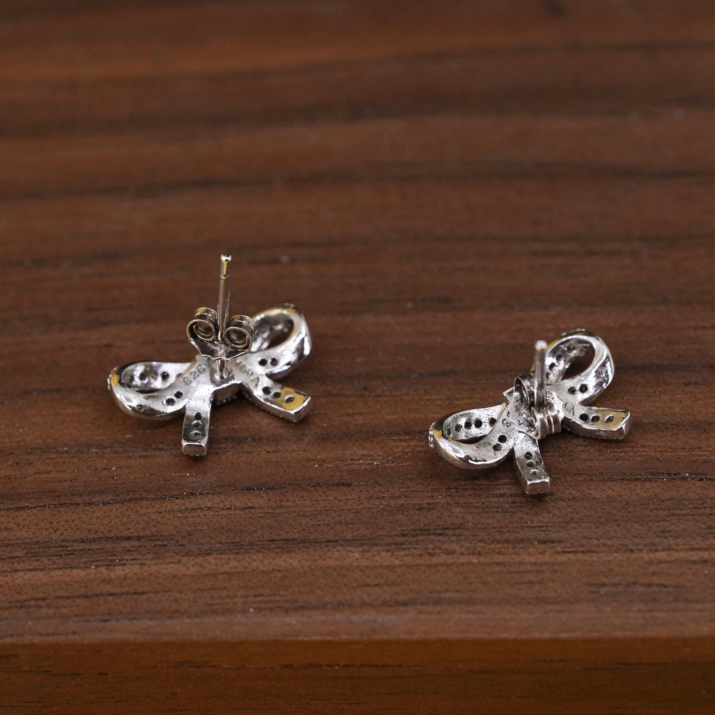Vintage Sterling silver cluster clear crystal ribbon bow tie studs, cz earrings