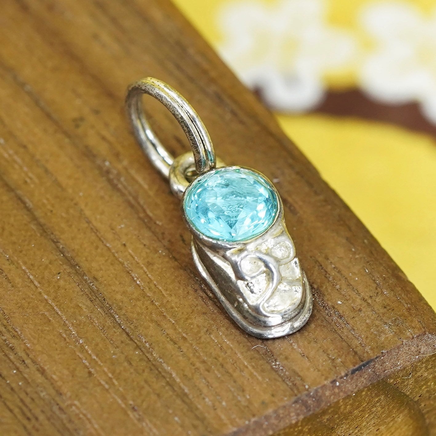 Vintage Sterling silver handmade pendant, 925 baby shoes charm with blue cz