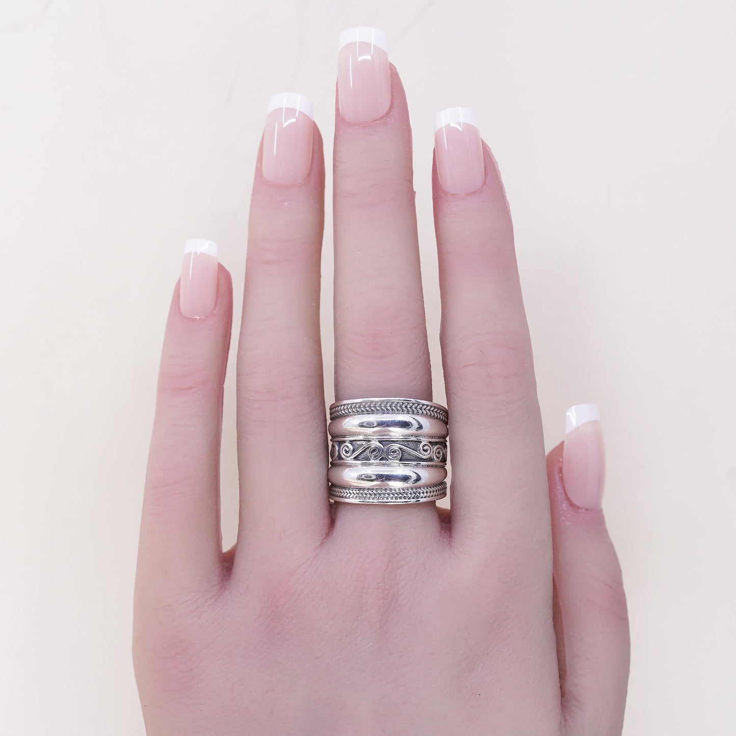 Size 8.5, Wide Sterling Silver Band Ring, Scroll Filigree Ring, Bohemian Unisex