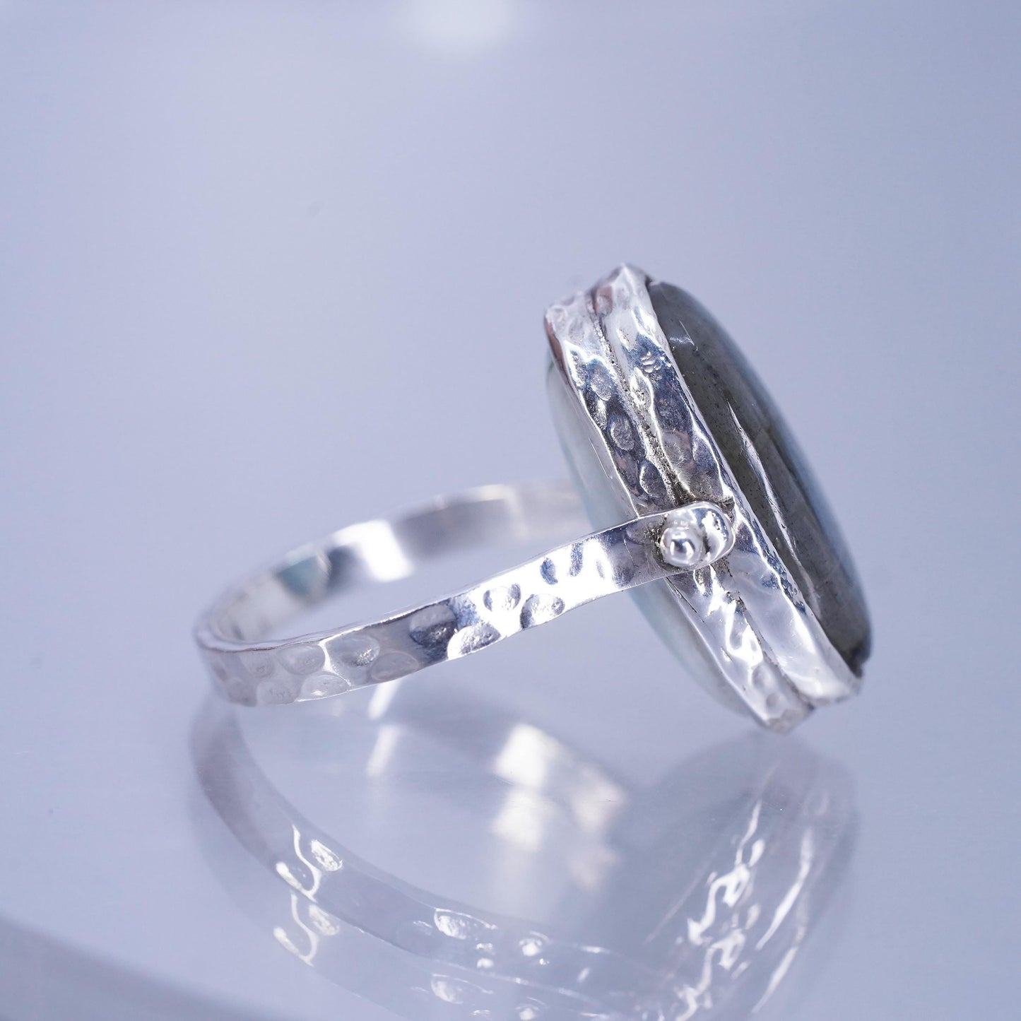 Size 7.5, Sterling 925 silver ring, double sided band with larimar labradorite