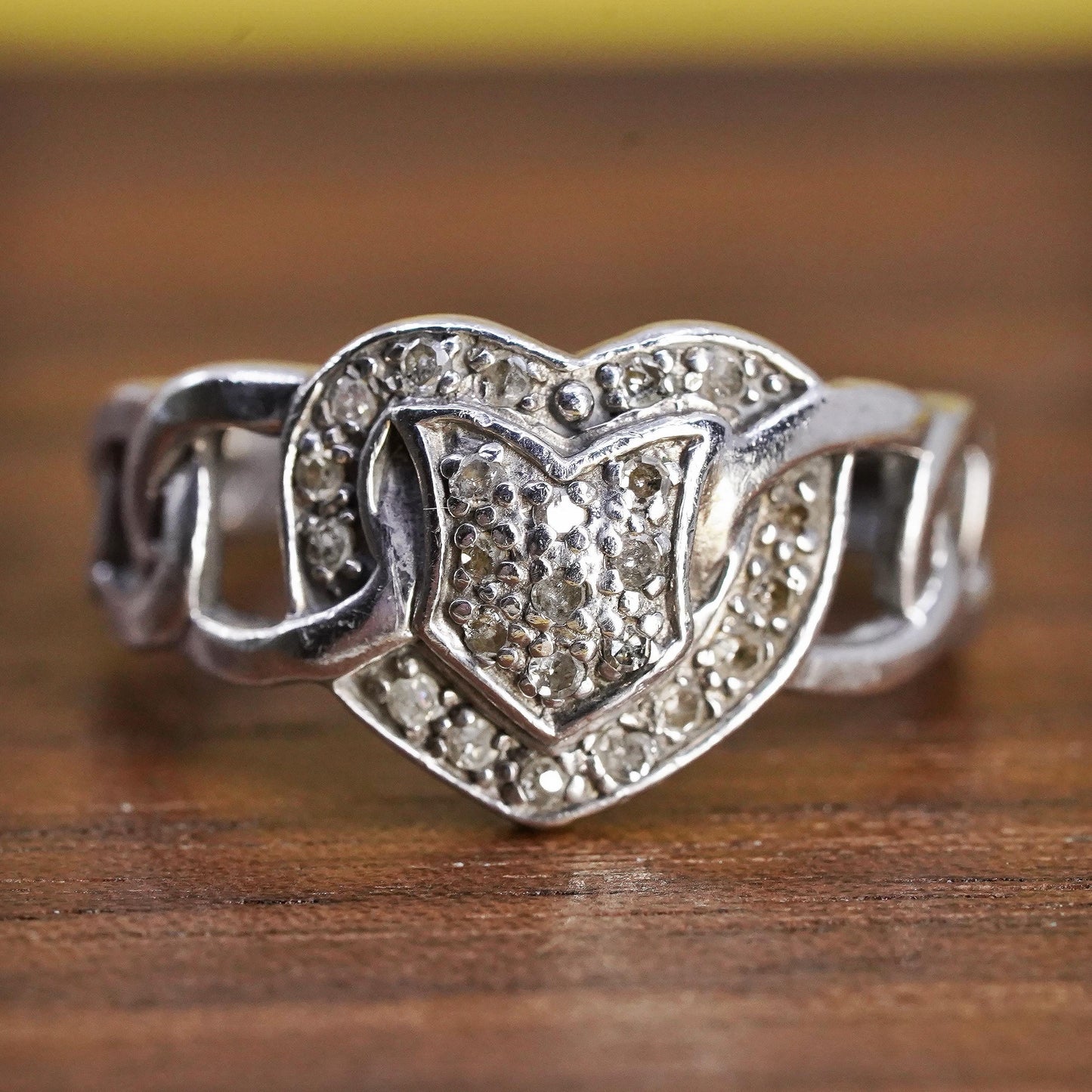 Size 6.5, vintage Sterling silver ring, 925 heart band with cluster diamonds