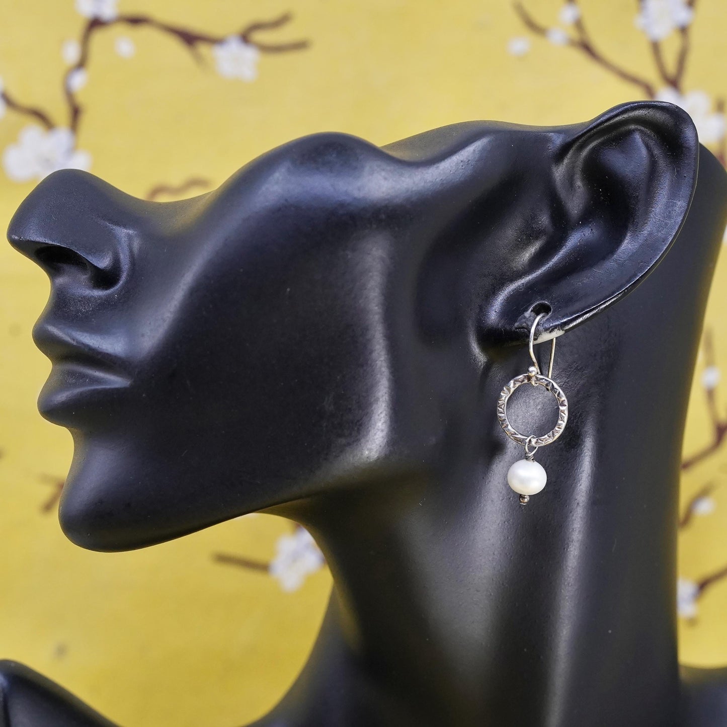 Vintage Sterling silver handmade earrings, 925 circle with pearl drops