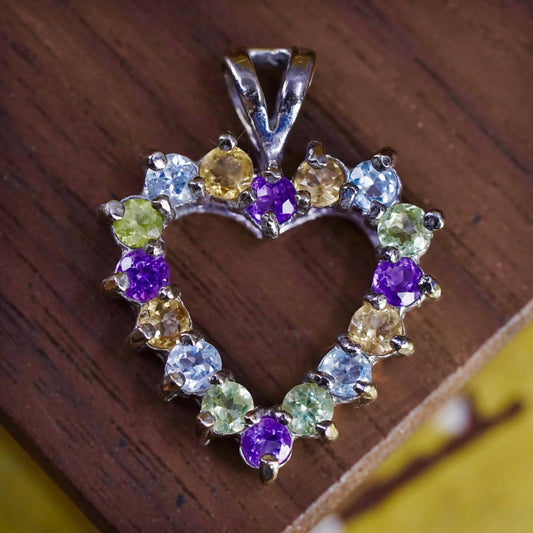 Sterling silver multi color pendant, 925 heart amethyst topaz citrine peridot