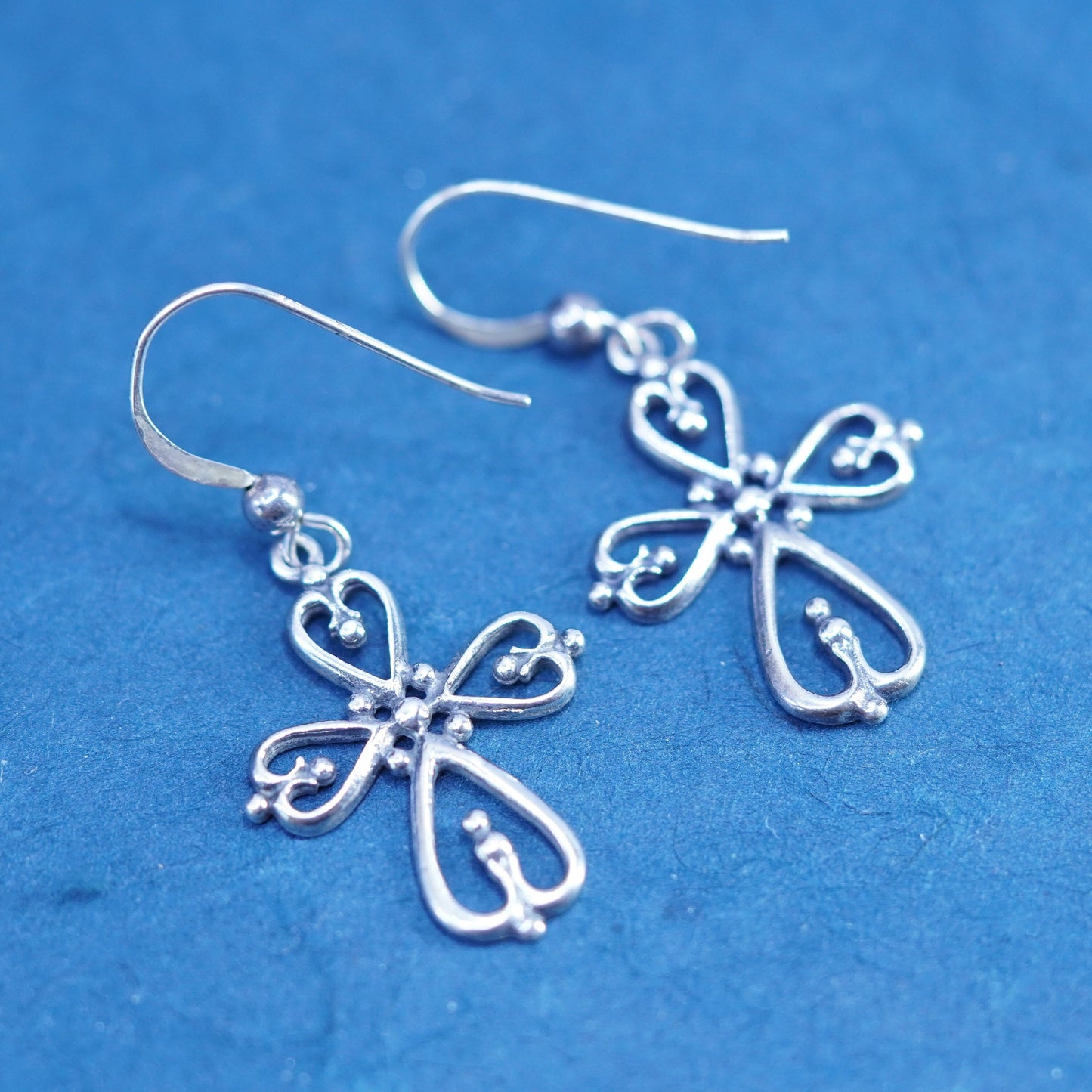 Vintage Sterling silver handmade earrings, 925 Bali filigree cross drops