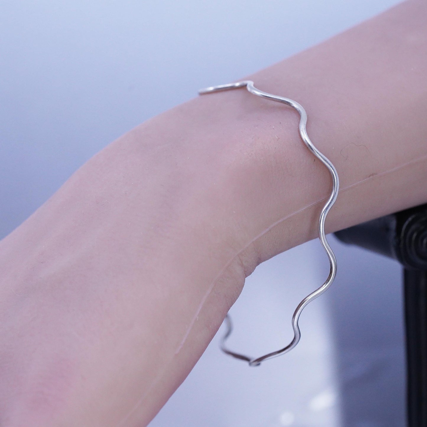 8", Vintage Sterling Silver Hammered Wave Bangle Bracelet, Handmade 925 Cuff
