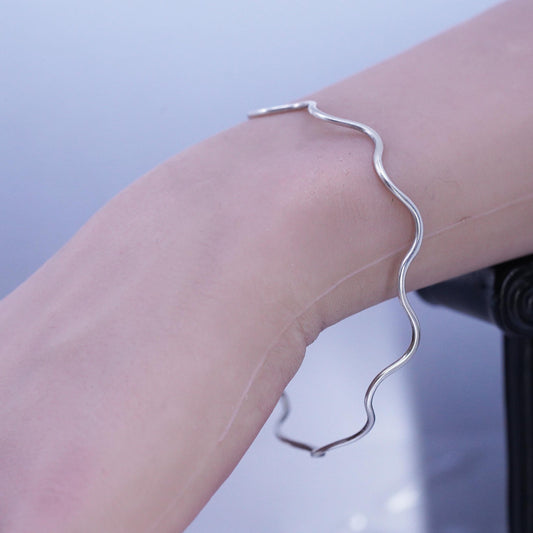 8", Vintage Sterling Silver Hammered Wave Bangle Bracelet, Handmade 925 Cuff
