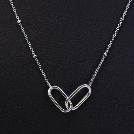 16+2", Vintage sterling silver bead chain necklace with entwined oval pendant