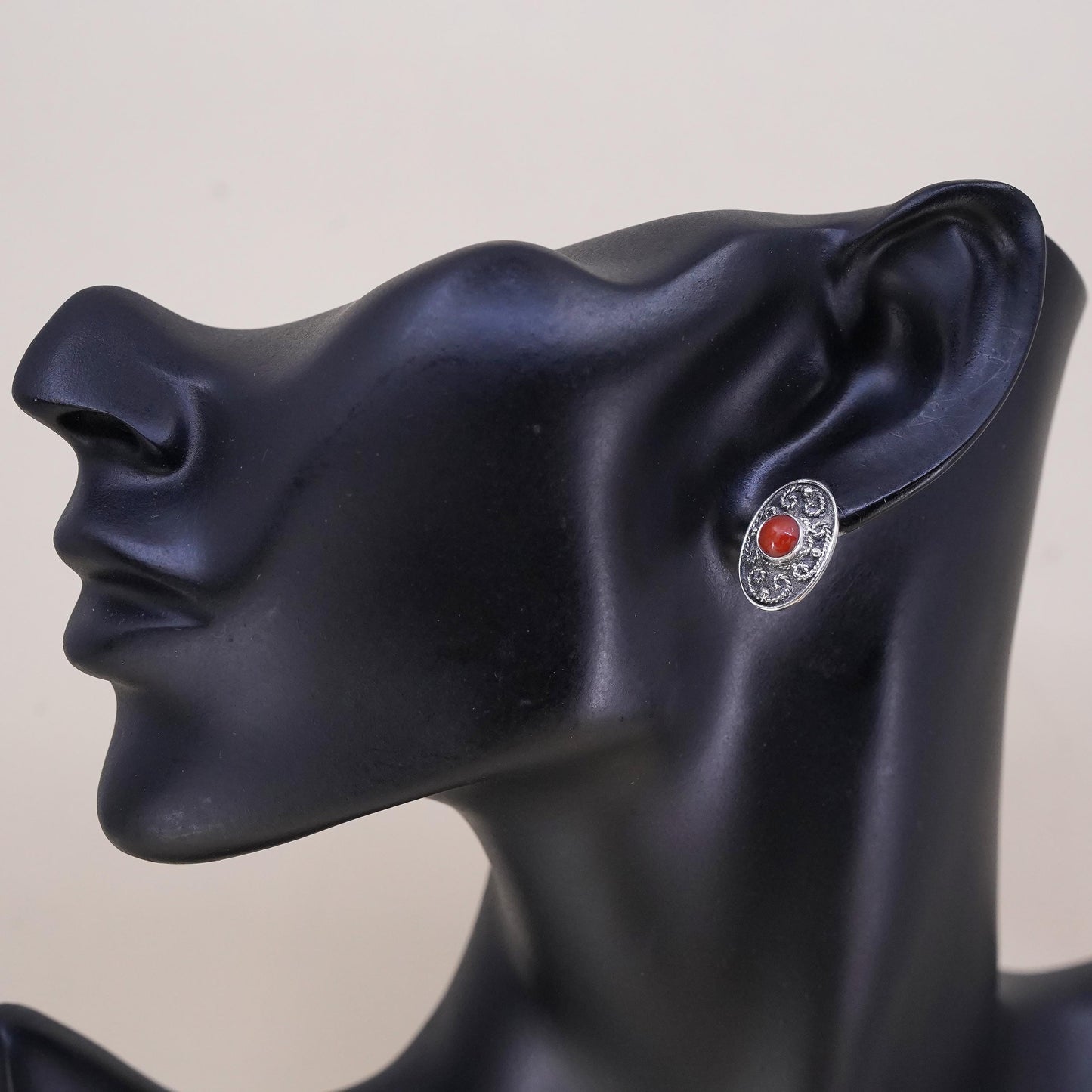 Native American Navajo handmade single earring. Sterling 925 silver stud coral