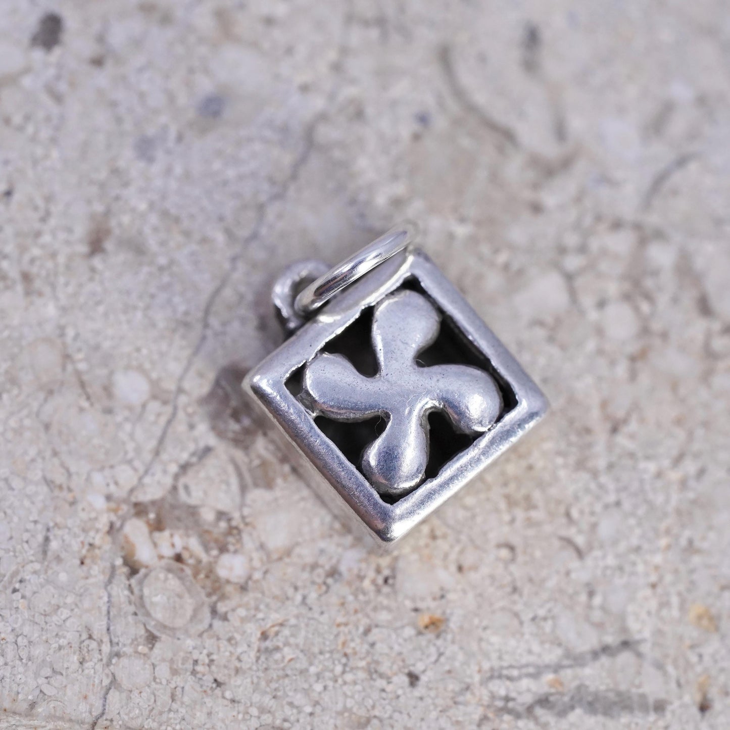 Vintage sterling 925 silver handmade pendant, square charm