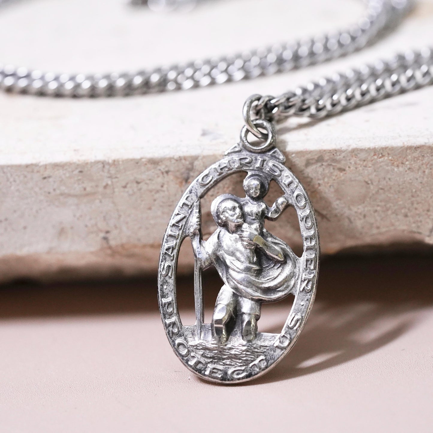 24” Sterling silver necklace, 925 chain Saint Christopher protect us pendant