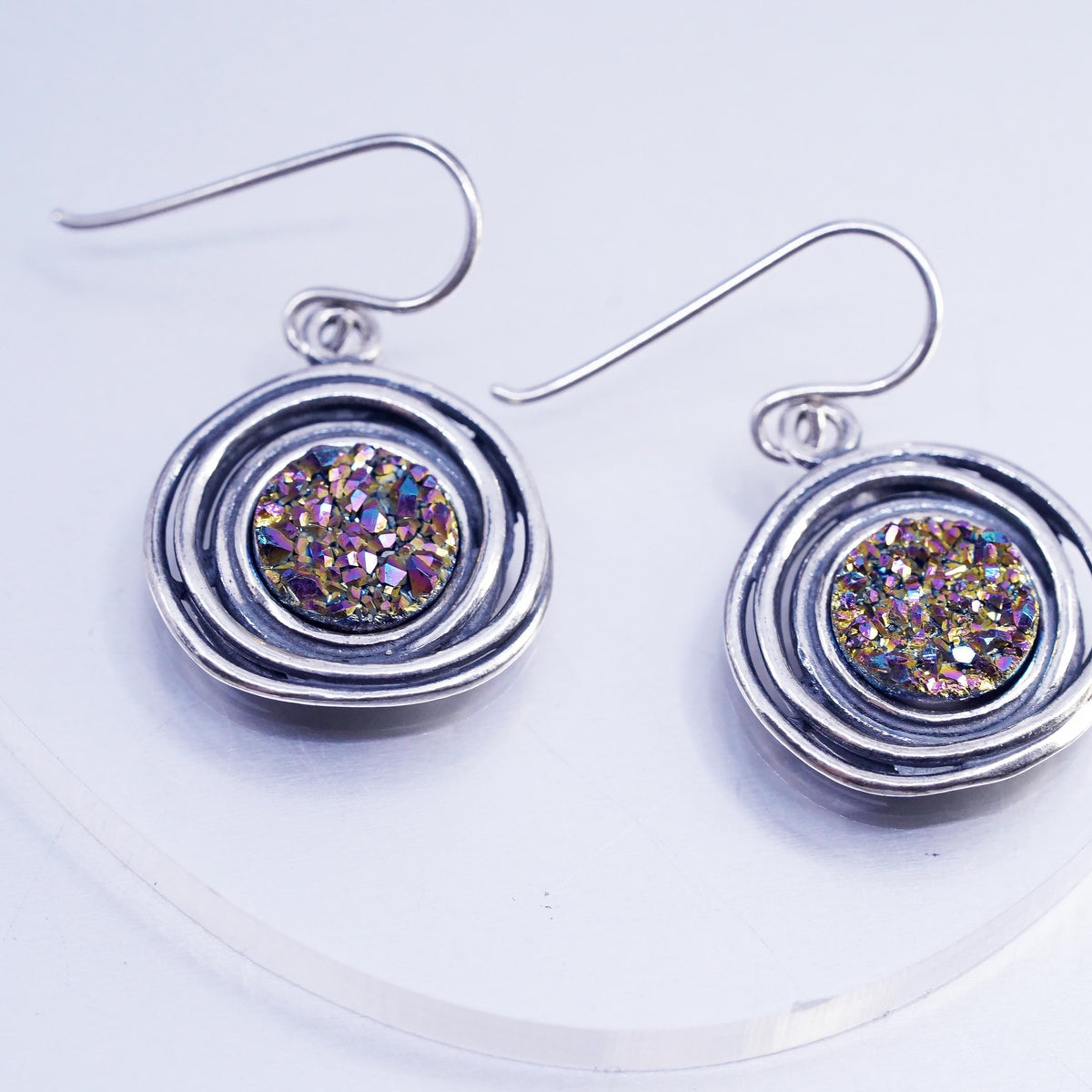 Vintage PZ Paz Israel Sterling Silver 925 disc earrings druzy rainbow pyrite