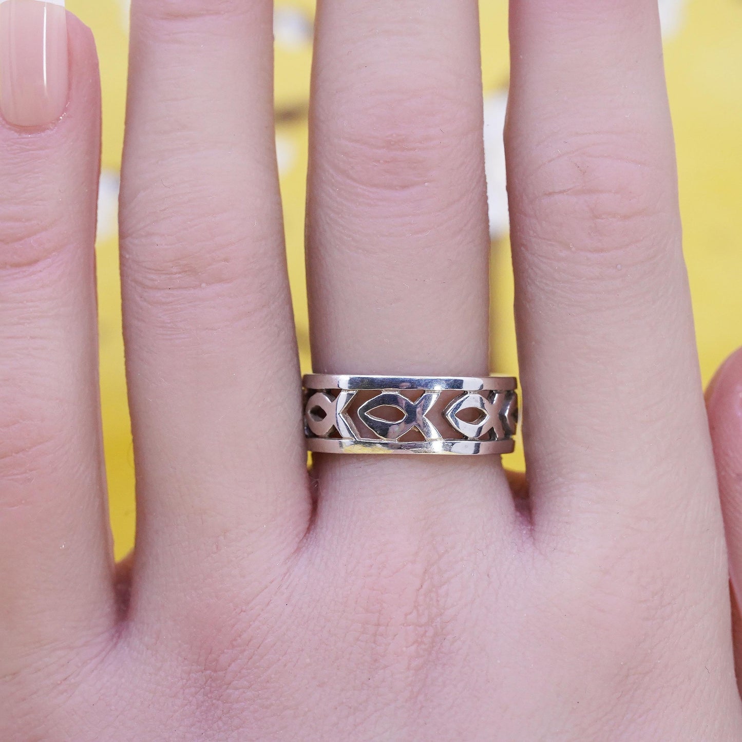 Size 8.75, Sterling Silver 925 Openwork Fish Band, Ichthys Christian Fish Ring