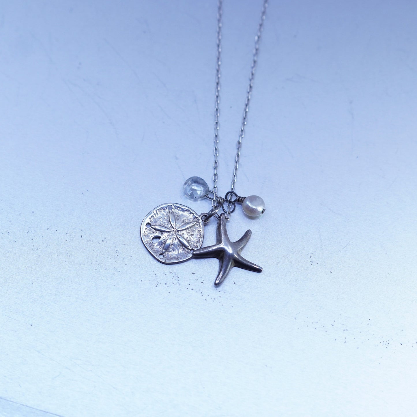 18”, Sterling 925 silver circle necklace sand dollar starfish charms pendant