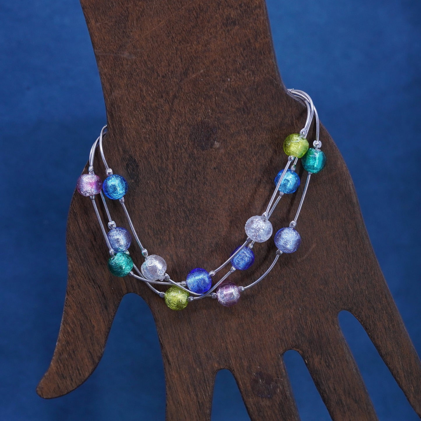 7.5+1”, Antica 925 Sterling silver snake chain bracelet artisan foiled glass