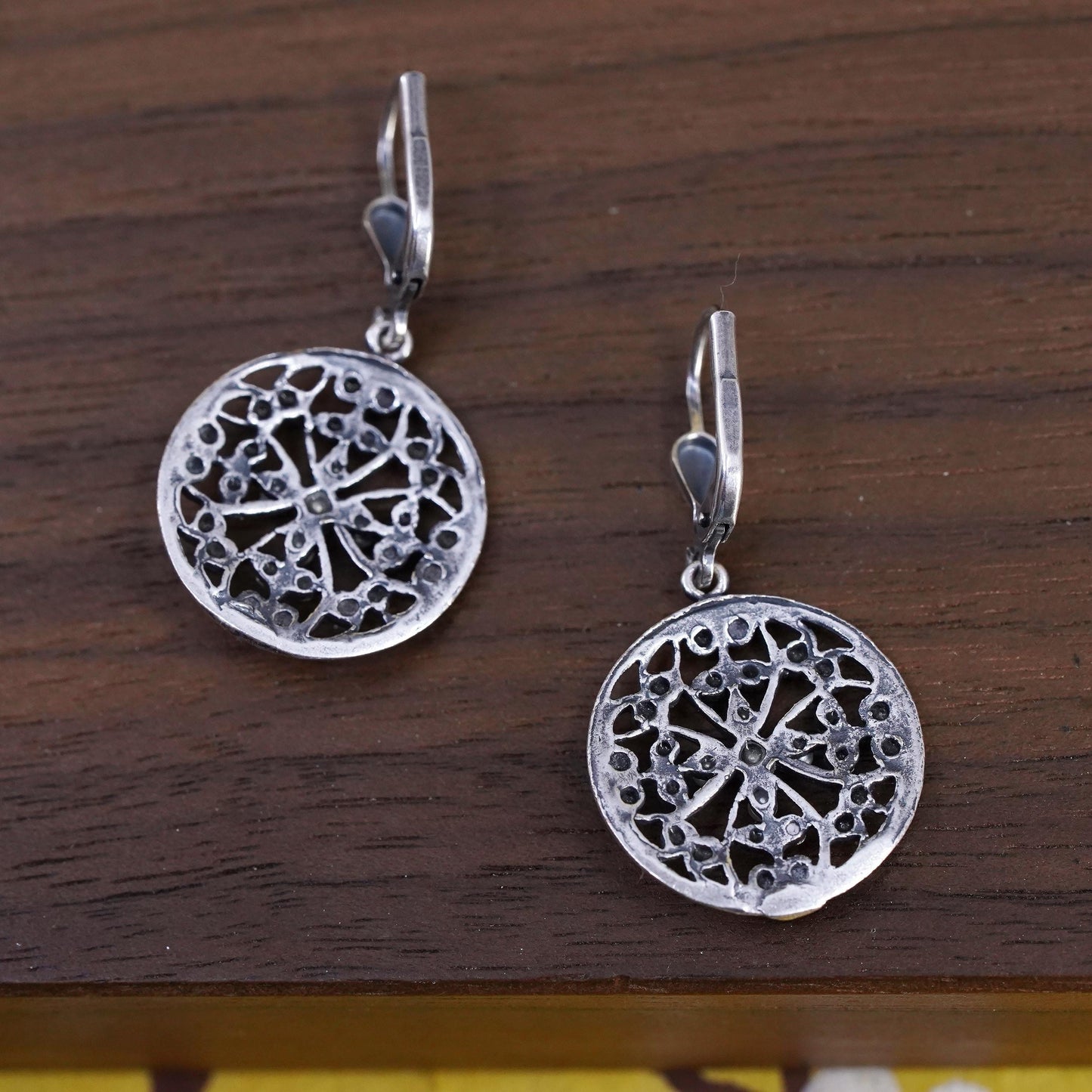 Vintage Sterling silver handmade earrings, 925 circle with cluster cz and pearl