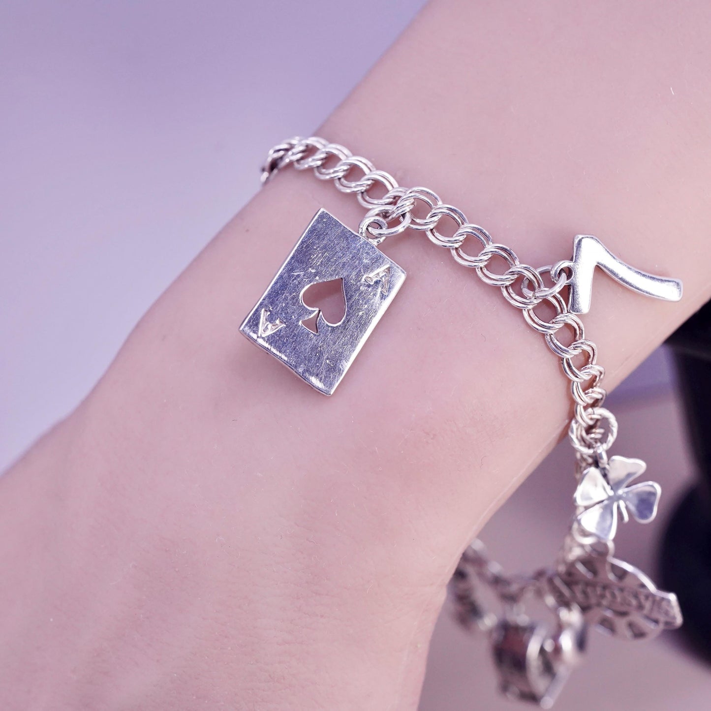 8", Sterling silver bracelet, 925 double curb chain slot dice money bag heart