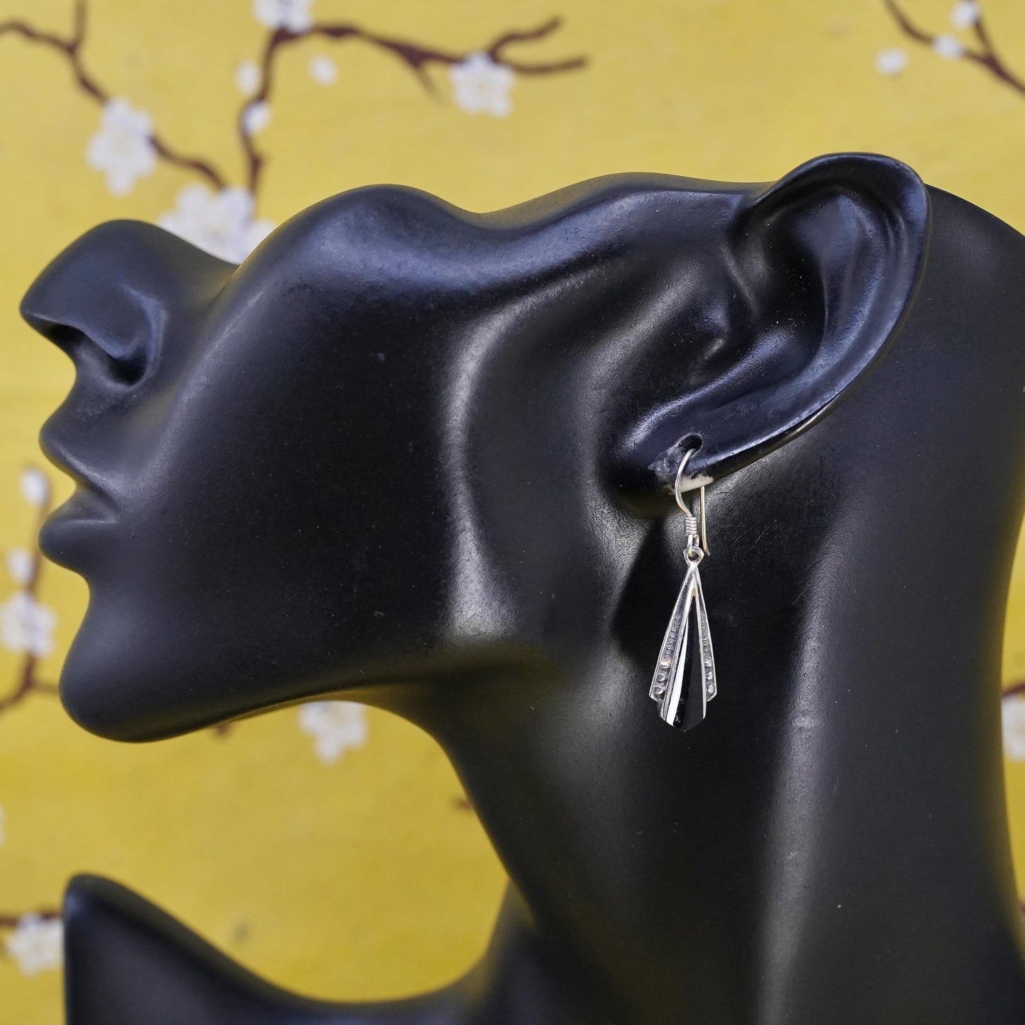 Vintage Sterling 925 silver handmade teardrop earrings with onyx and beads