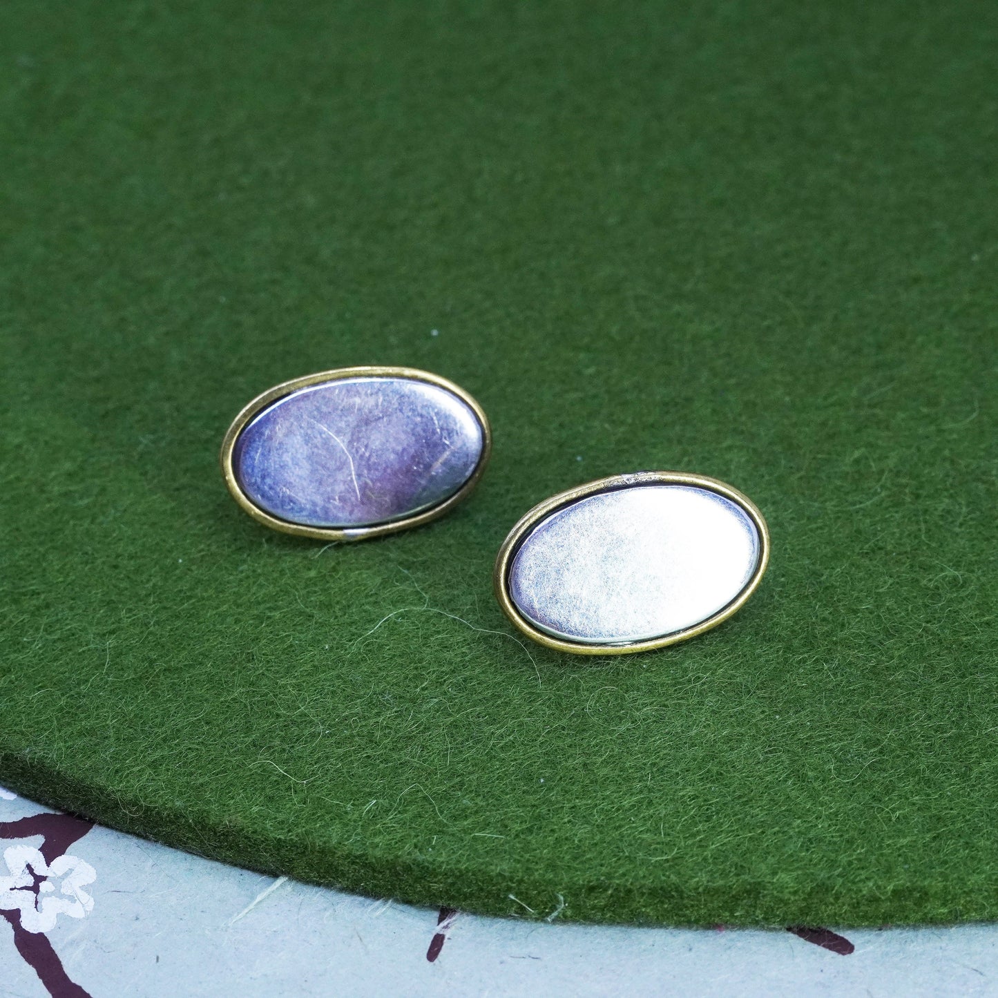 Vintage sterling silver oval studs, handmade 925 earrings with brass rope