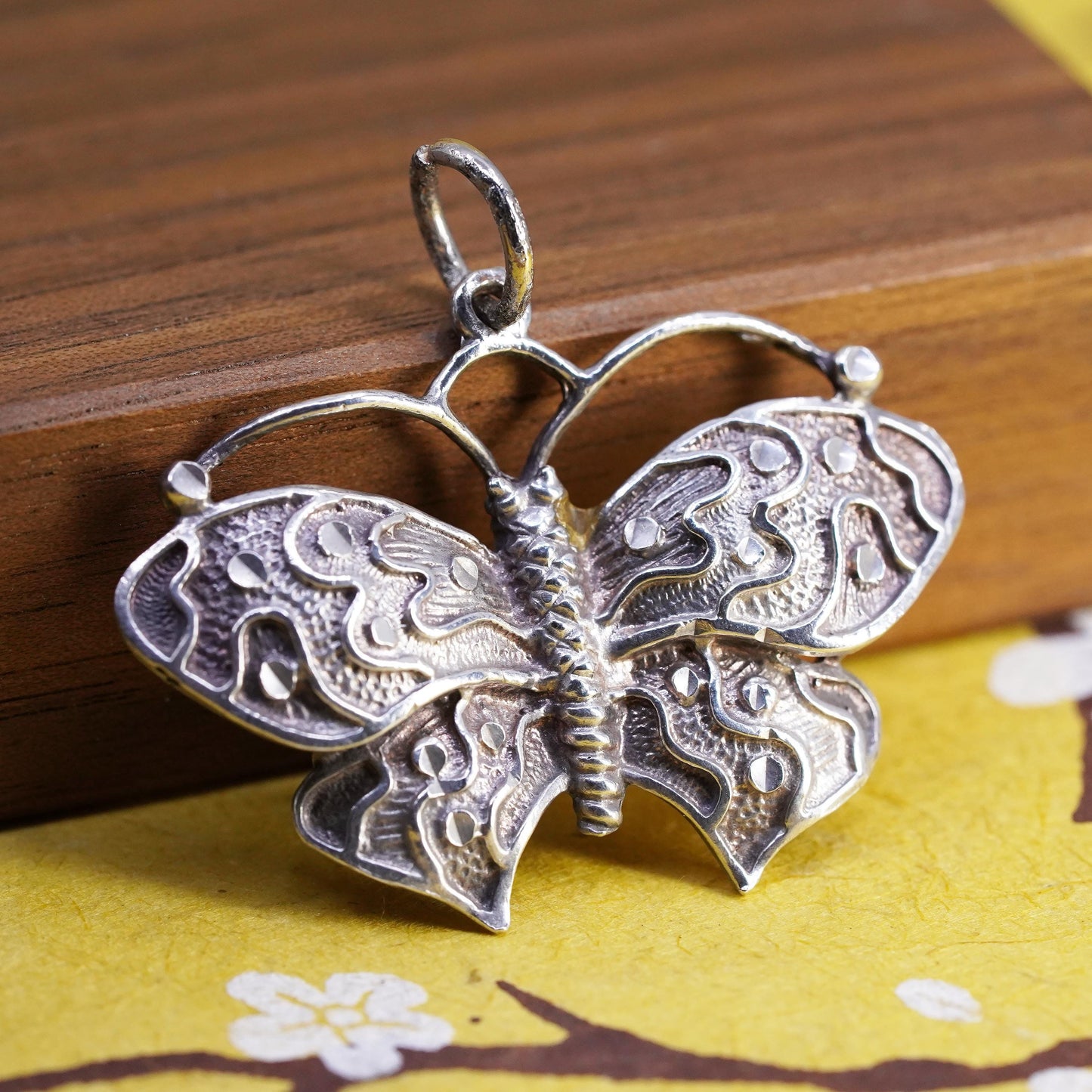 Vintage Sterling 925 silver handmade textured butterfly charm pendant